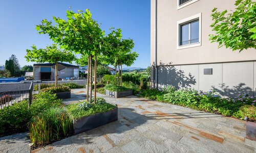 garten_mit_natursteinplatte_aus_luserna_und_grünem_rabatten_umgeben_von_modernen_wohngebäuden_und_bunten_pflanzen