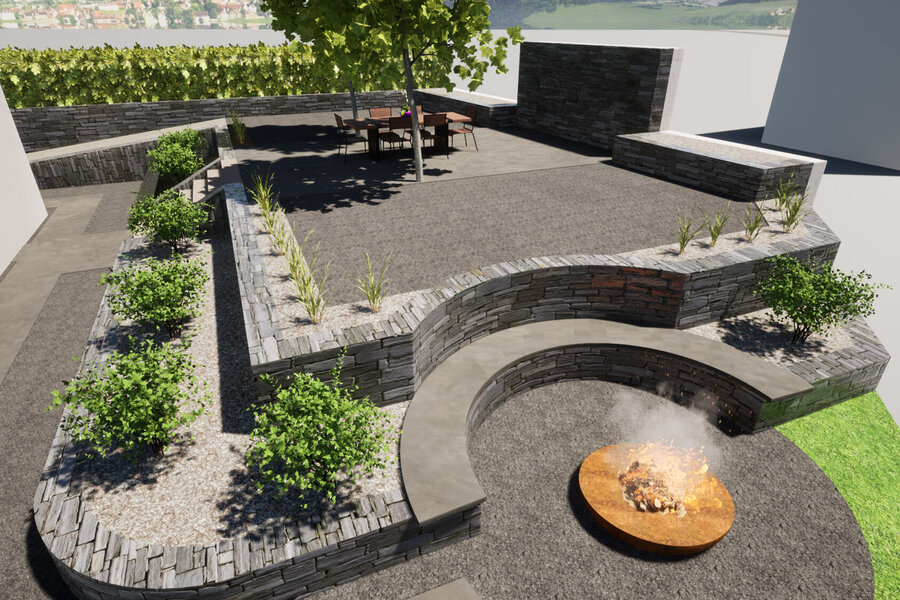 gartenvisualisierung_von_gartenplan_mit_mauer_feuerstelle_bepflanzung_und_sitzplatz