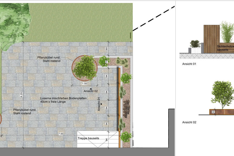 gartenplan_umegbungsplan_mit_sitzplatz_und_metallkübel_rund_und_ansichten_von_sichtschutzwände