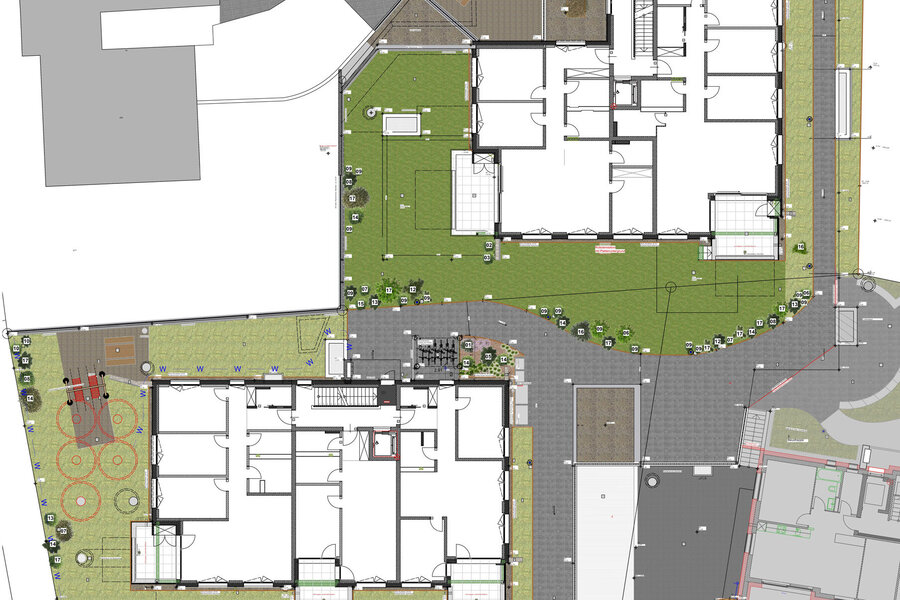 gartenplan_mehrfamilienhäuser_mit_spielplatz_sitzbereich_aus_sandstein_spielplatz_privatgarten_und_frieda_wildpflaster_als_belag
